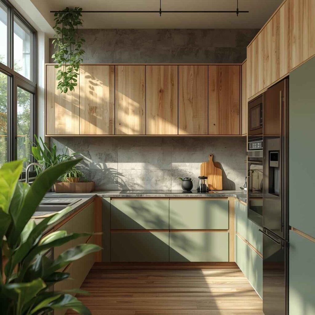 Eco-friendly kitchen with recycled wood and natural earth-tone palette