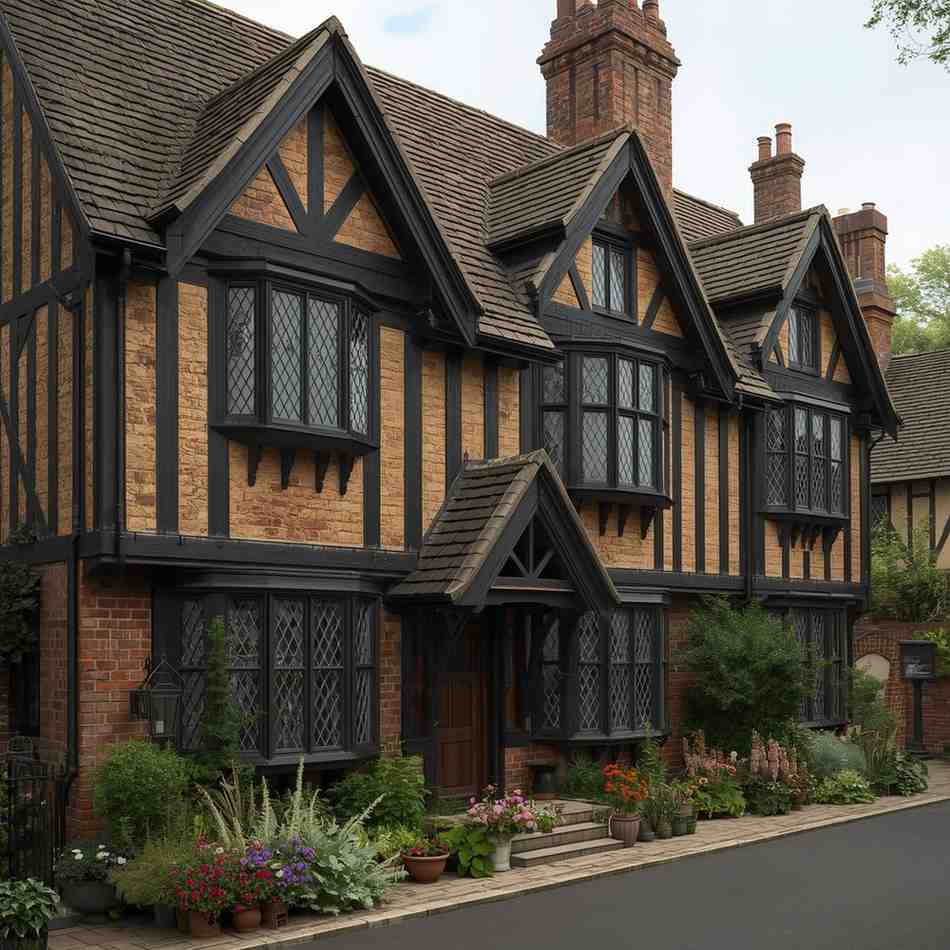 Tudor-style house with timber framing, steep gable roof and brick elements.