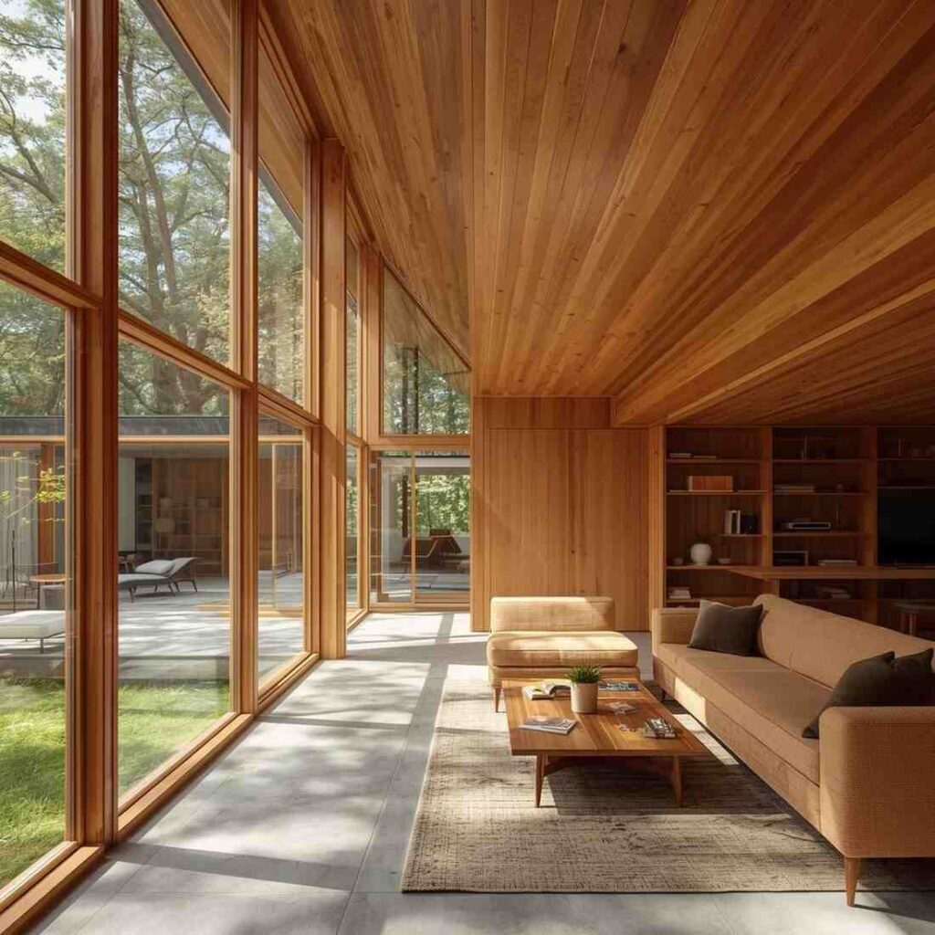 Mid-century modern home with large glass panels, wooden finishes and a natural setting.