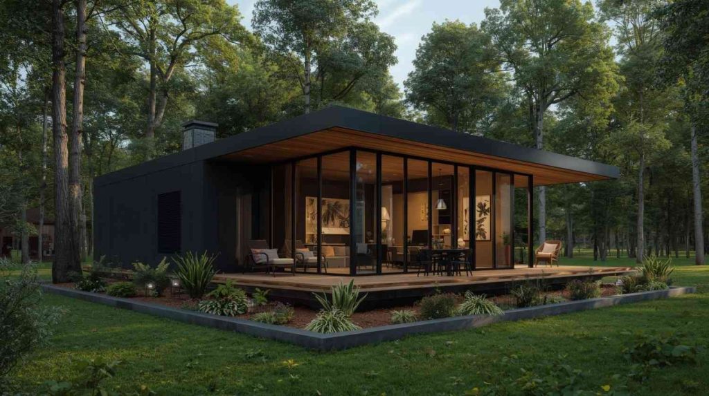 3D rendered 650 sq ft small house plan with light wood flooring, neutral minimal interiors, large windows, and open workspace — Japanese Scandinavian design style.