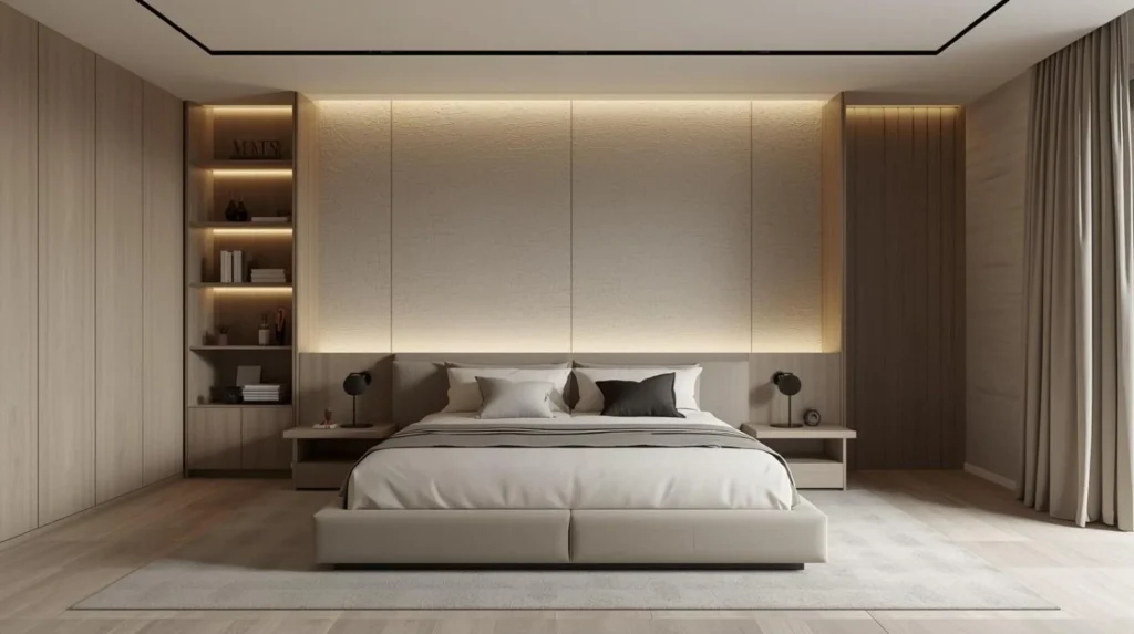 Sleek contemporary minimalist bedroom featuring a floating bed, textured accent wall, hidden LED lighting, and a neutral modern palette.