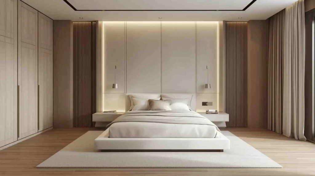 Contemporary minimalist master bedroom with built-in headboard wall, integrated lighting, platform bed, and clean modern design.