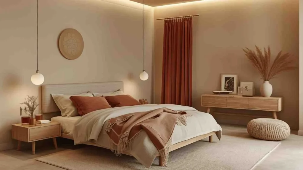 Nature-inspired minimalist bedroom featuring sand-colored walls, natural wood furniture, terracotta accents, and a warm, cozy atmosphere.