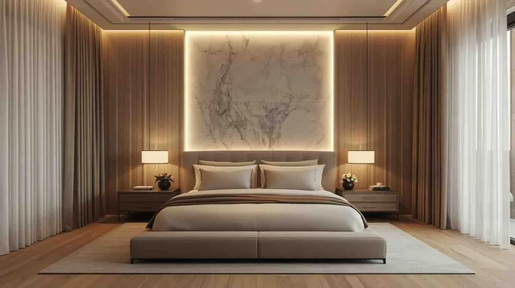 Minimalist Bedroom Design, Minimalist Bedroom Design, Luxury minimalist bedroom with upholstered platform bed, marble accent wall, soft LED lighting, neutral beige tones, and floor-to-ceiling sheer curtains.