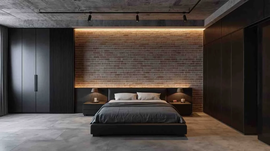 Modern industrial minimalist bedroom featuring exposed brick walls, low-profile bed, matte black accents, and warm ambient lighting.