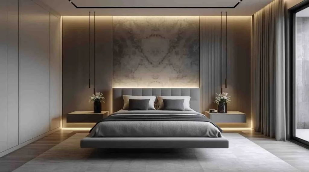 Sleek contemporary minimalist bedroom featuring a floating bed, textured accent wall, hidden LED lighting, and a neutral modern palette.