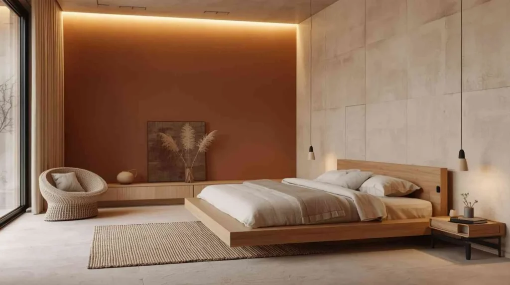 Earth-tone minimalist bedroom with wooden platform bed, textured plaster walls, linen bedding, warm neutral colors, and soft ambient lighting.