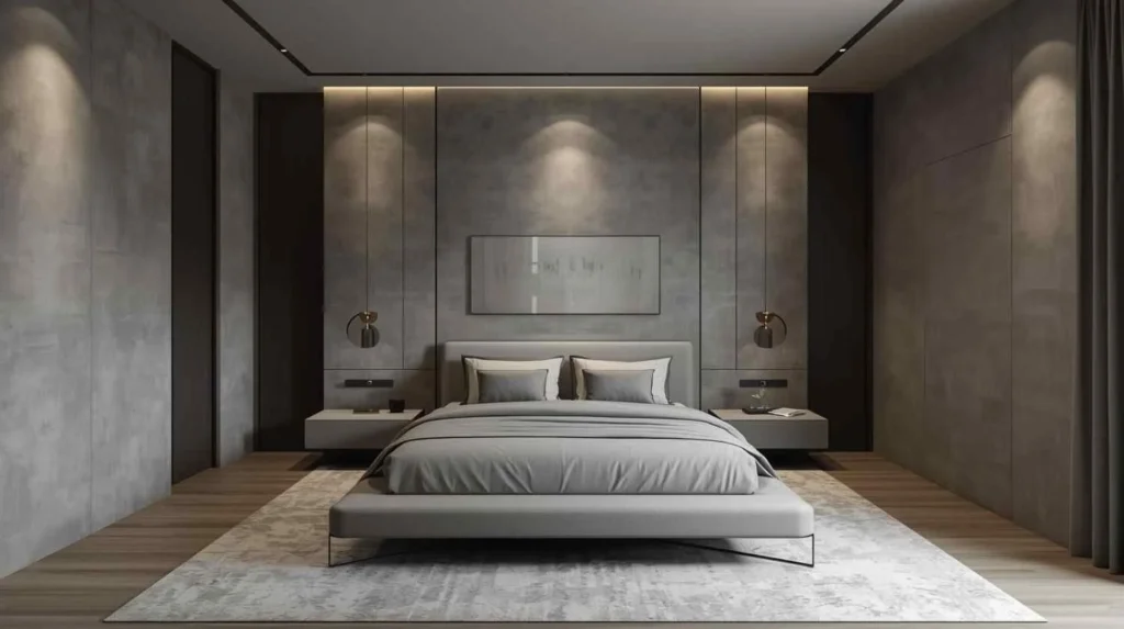 Minimalist Bedroom Designs; Elegant luxury minimalist master bedroom featuring a floating bed, textured wall panels, recessed ceiling lights, and a calm neutral color palette.