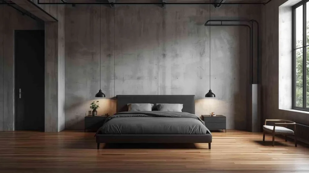 Industrial minimalist bedroom with exposed concrete walls, black metal bed frame, neutral grey tones, and modern pendant lighting.