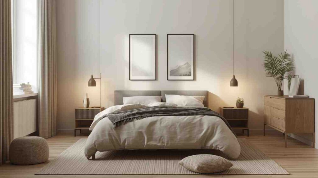Cozy Scandinavian minimalist bedroom with warm tones and layered textures