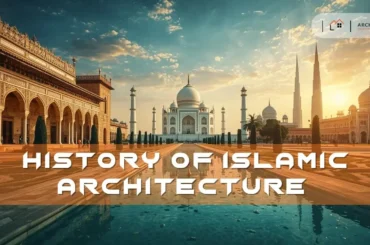 Panoramic collage of Islamic architecture eras from Dome of the Rock to Burj Khalifa, featuring Alhambra, Taj Mahal, and Süleymaniye under sunset sky.