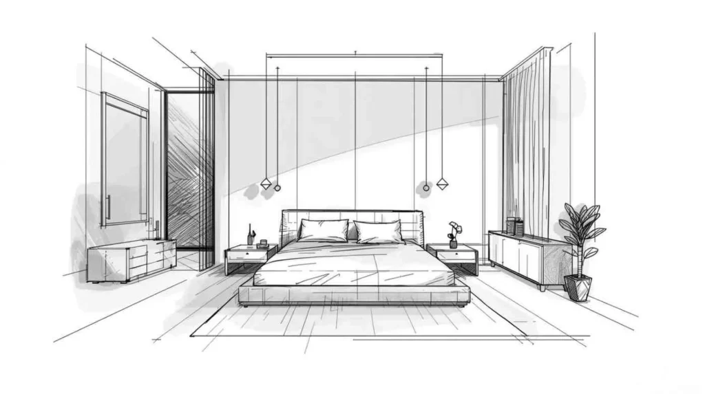 Hand-drawn sketch of modern monochrome minimalist bedroom with clean lines