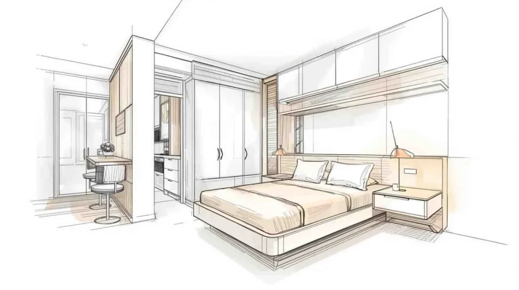 Hand-drawn sketch of small minimalist bedroom with compact furniture and clean layout