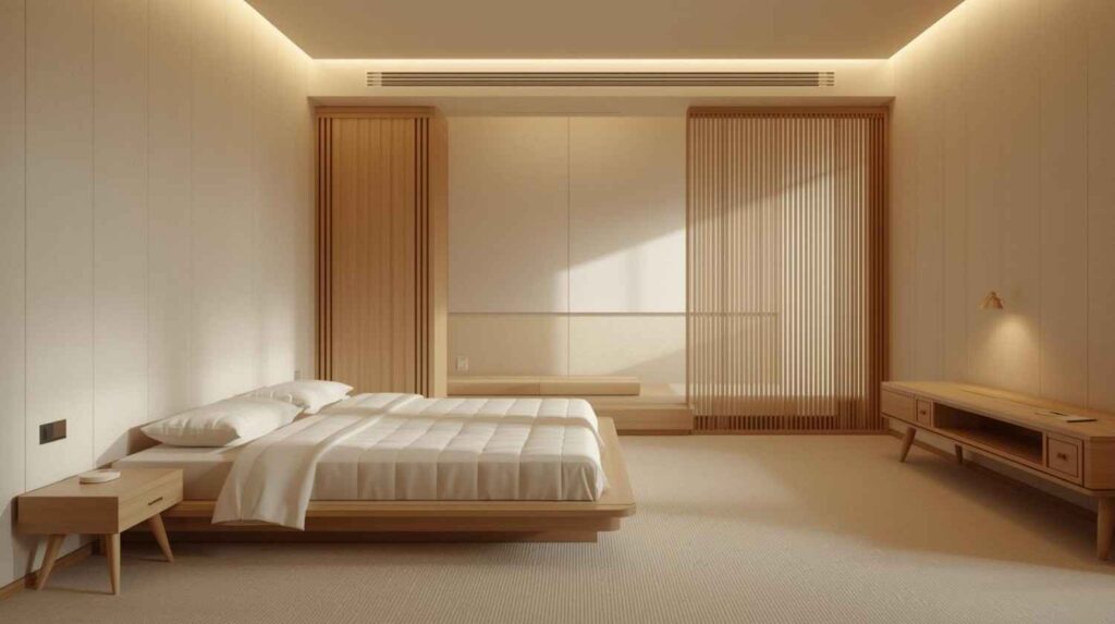 Modern Japanese minimalist bedroom with bamboo accents and calm design