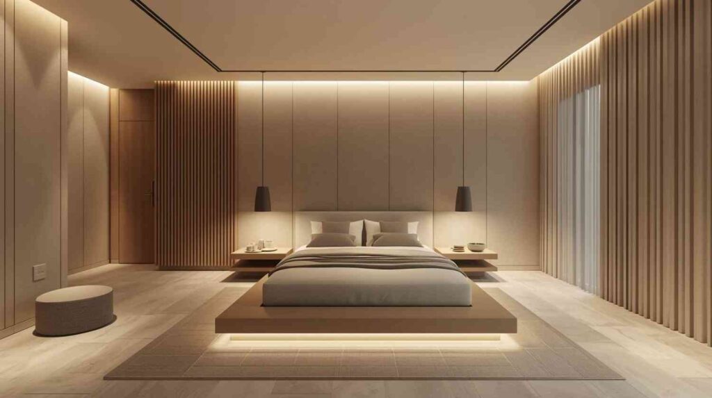 Modern neutral zen bedroom with soft lighting and minimalist design