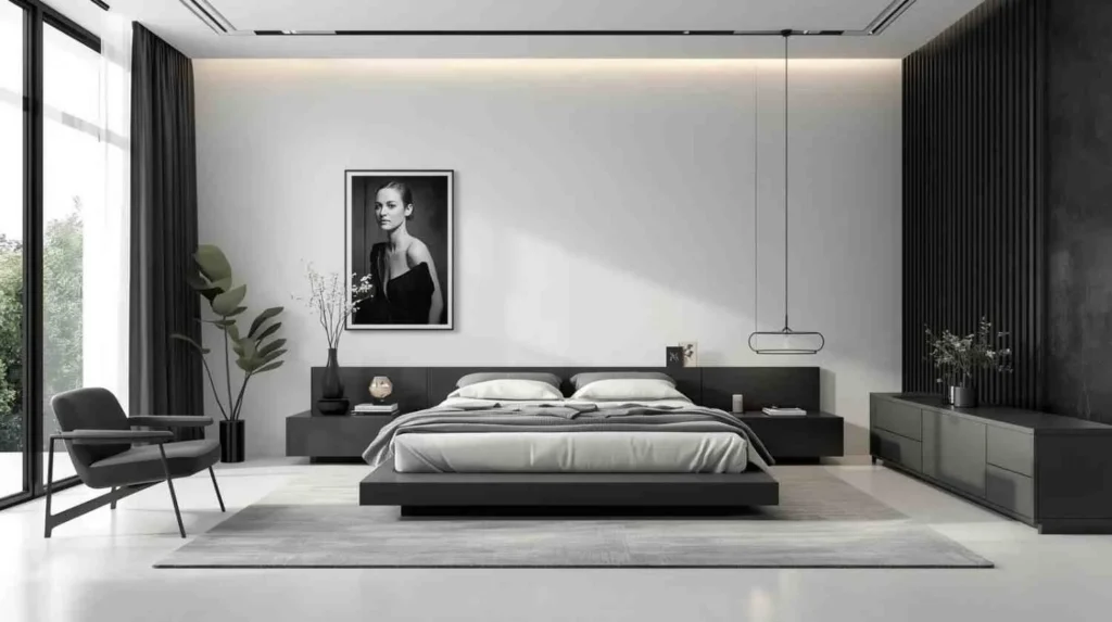 Photo-realistic modern monochrome minimalist bedroom with sleek black and white furniture