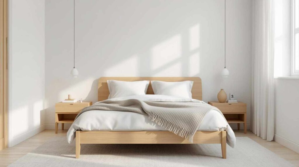 Scandinavian minimalist bedroom with light wood and neutral bedding
