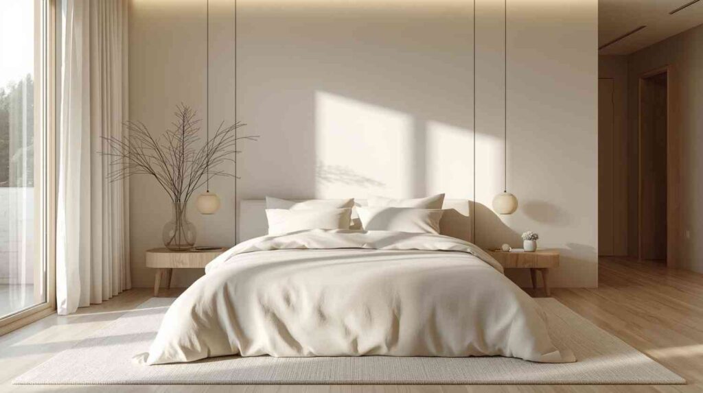 Small Minimalist Bedroom Design: Neutral zen minimalist bedroom with soft tones and natural light