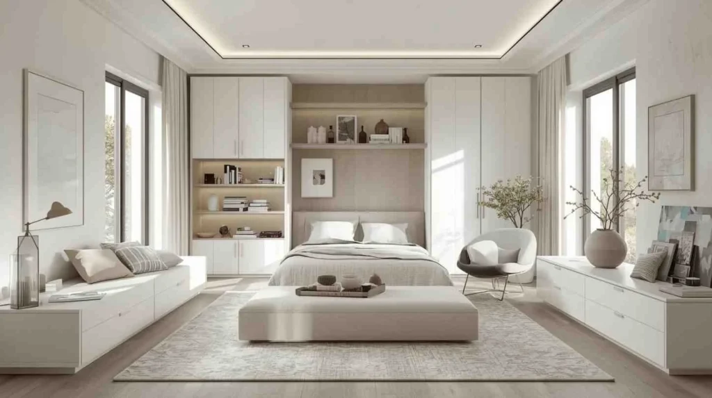 Photo-realistic small minimalist bedroom with light colors and space-saving furniture