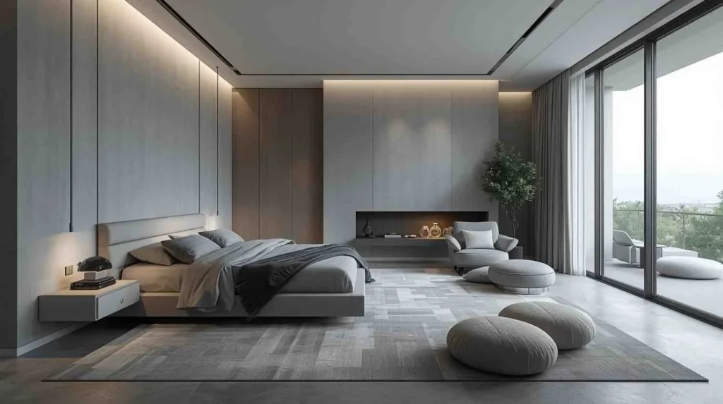 Photo-realistic modern monochrome bedroom with clean lines and soft lighting