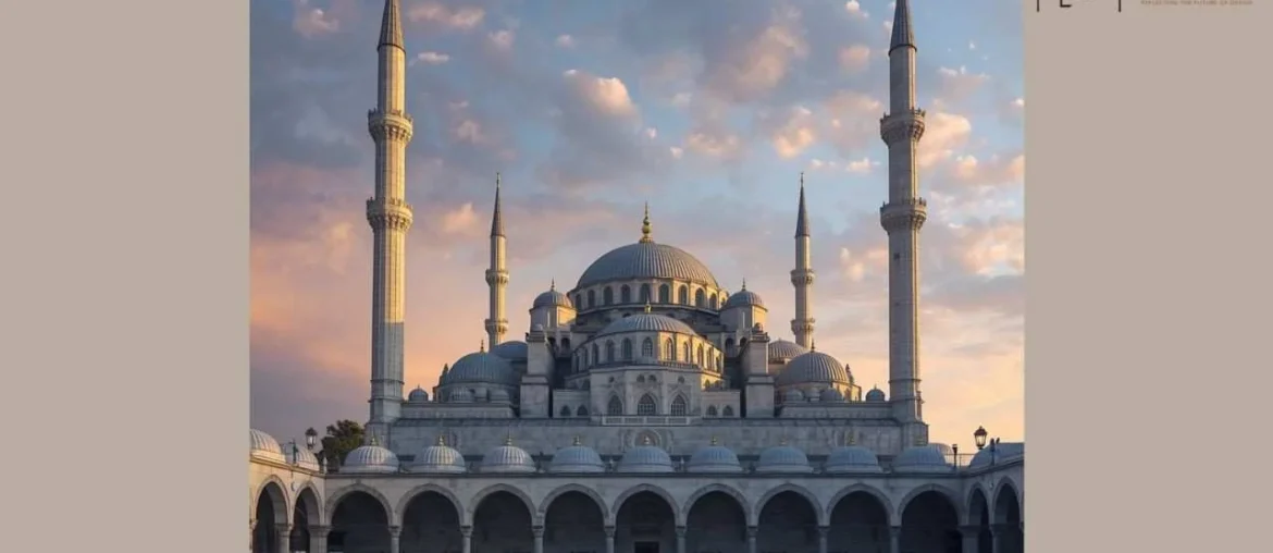 The Blue Mosque (Sultan Ahmed Mosque) in Istanbul showcasing its cascading domes, six minarets, and classical Ottoman architecture during golden hour.