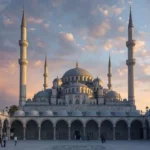 The Blue Mosque (Sultan Ahmed Mosque) in Istanbul showcasing its cascading domes, six minarets, and classical Ottoman architecture during golden hour.