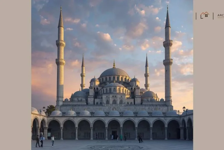 The Blue Mosque (Sultan Ahmed Mosque) in Istanbul showcasing its cascading domes, six minarets, and classical Ottoman architecture during golden hour.
