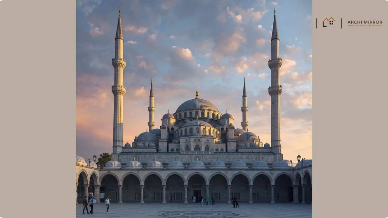 The Blue Mosque – Architectural Highlights & Historical Legacy of an Ottoman Masterpiece The Blue Mosque (Sultan Ahmed Mosque) in Istanbul showcasing its cascading domes, six minarets, and classical Ottoman architecture during golden hour.